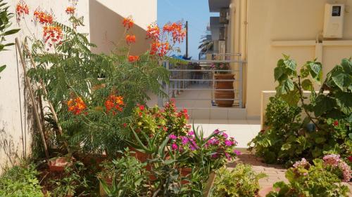 a garden with colorful flowers in a building at 4S Beach Superior Apartments in Stalida