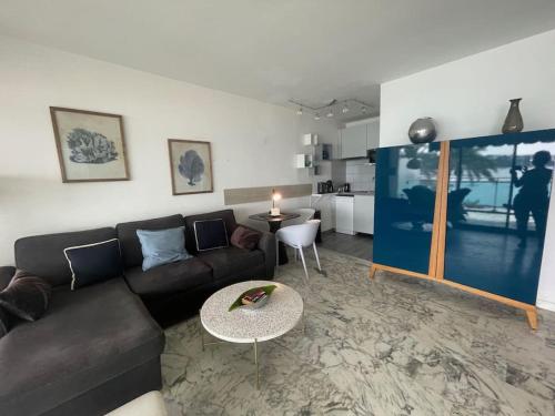 un salon avec un canapé et une table dans l'établissement Appartement Antibes terrasse en front de mer, à Antibes