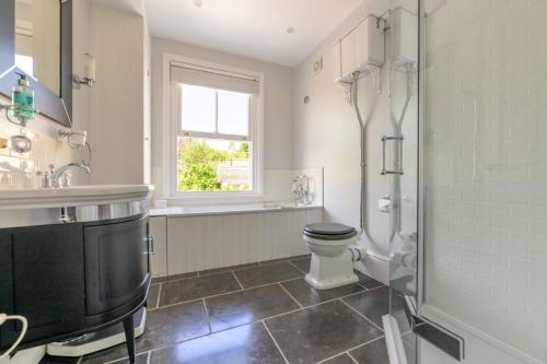 a bathroom with a toilet and a sink and a shower at Victory Cottage in Lymington