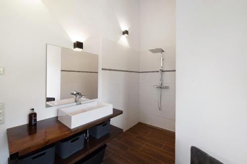 a bathroom with a sink and a mirror at Ferienoase Im Land Der 1000 Seen in Karstädt