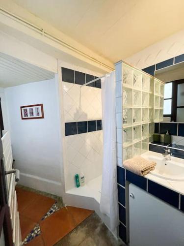 une salle de bain avec douche et lavabo dans l'établissement Le Cocon, T3 centre ville, climatisé, à Montpellier