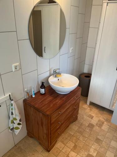 a bathroom with a sink and a mirror at Koselig gammelt gårdstun in Stavanger