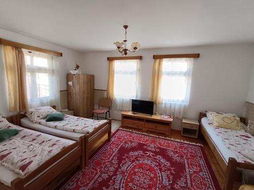a bedroom with two beds and a tv in it at Kerekes Vendégház in Rimetea