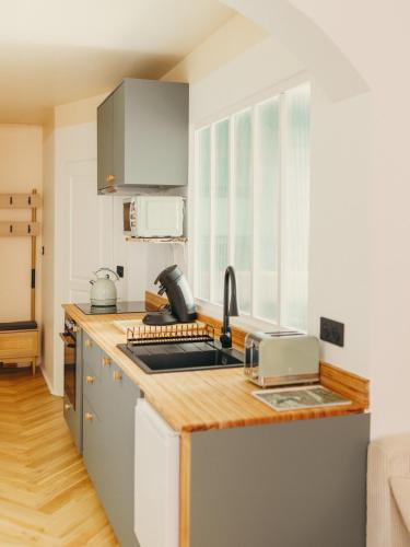 une cuisine avec un évier et un plan de travail dans l'établissement Alcova - Stade de France - Jacuzzi - Cinema, à Saint-Denis