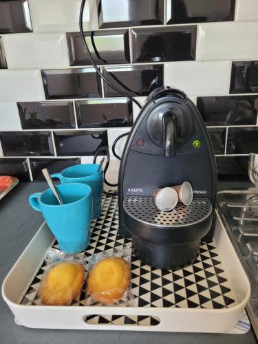 un mixeur posé sur un plateau dans une cuisine dans l'établissement Petite Maison avec son jardin et accès indépendant à 14 mn de paris, à Deuil-la-Barre