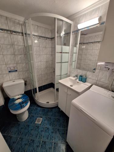 a bathroom with a shower and a toilet and a sink at Blue Deluxe Apartment in Kallithea Halkidikis