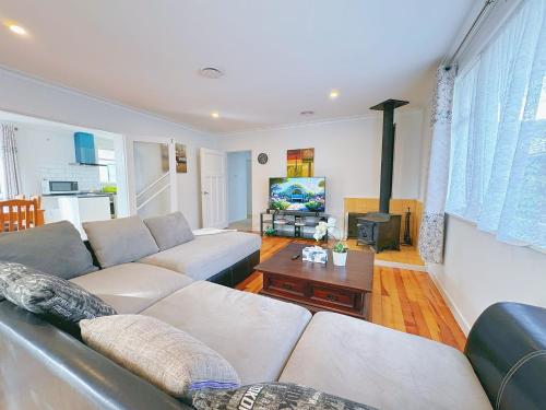 a living room with a couch and a tv at Charming Spacious 4 BR house in Lower Hutt