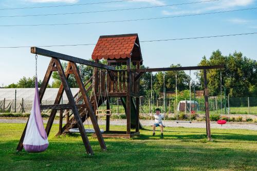 a child playing on a swing set in a park at Rai Romanesc in Sălişte