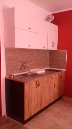 a kitchen with a sink and a red wall at Guest House Nedelchevi in Primorsko