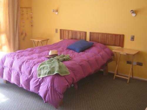 a bed with a purple blanket and a hat on it at Cabañas Caleta San Pedro in La Serena