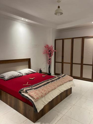 a bedroom with a large bed with a red blanket at Cairo Pyramids View Hostel & Apartment in Cairo