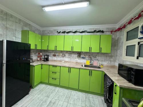 a green kitchen with green cabinets and appliances at Cairo Pyramids View Hostel & Apartment in Cairo