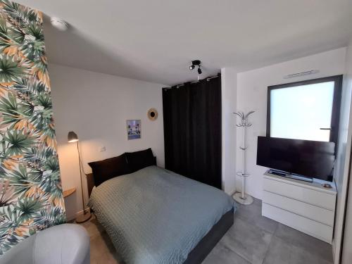 a bedroom with a bed and a flat screen tv at FLEUR DE SEL logement de 21m2 avec prêt vélos, cuisine et sdb privées avec terrasse clôturée de 17m2 in Batz-sur-Mer