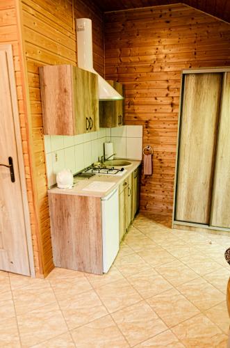 a kitchen with a stove and a counter top at Domek Letniskowy Pucka in Mieroszyno