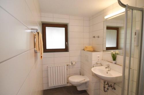 a white bathroom with a toilet and a sink at Schwarzwaldmädel-Ferienwohnungen in Todtnau