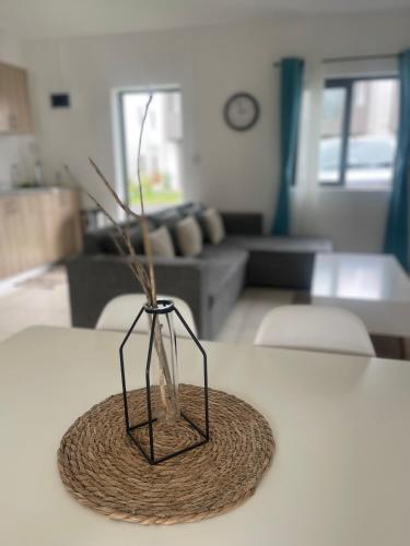 a vase with branches in it sitting on a table at VILLA cHELSEA 2 bed room in Grand Gaube