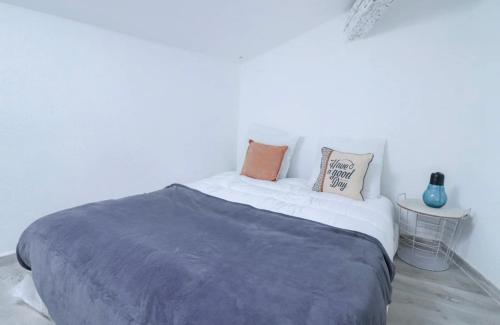 - une chambre avec un lit doté d'une couverture bleue dans l'établissement Joli 2 pièces rénové à proximité du centre et plage, à Cannes