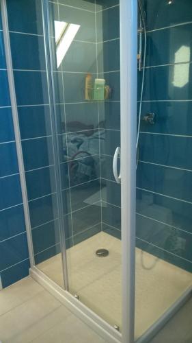 une douche avec une porte vitrée dans une salle de bain dans l'établissement Appartement centre- plage 500 m-3 chambres pour 6 personnes, à Pornichet
