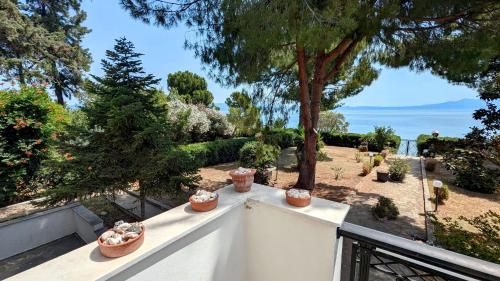 a white fence with potted plants on top of it at Ekatis Seacoast Nest in Livanátai