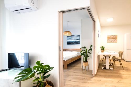 a room with a bedroom with a bed and a mirror at Mickiewiczova apartment free parking by Veronika & Jano in Bratislava