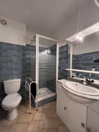 une salle de bain avec toilettes, lavabo et douche dans l'établissement Charmant studio à 20 m de la plage - 2BEAZUR99, à Canet