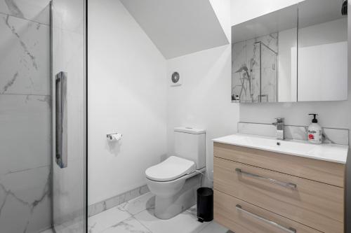 a bathroom with a toilet and a sink and a shower at Stylish and Sleek City Stay in Christchurch