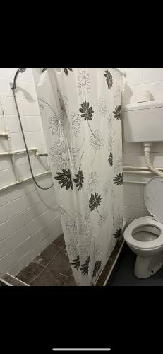 a shower curtain in a bathroom with a toilet at jack hostel in Sremski Karlovci