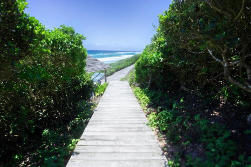 a stone path leading to the ocean with a bench at Aloha 1 in Ponta Mamoli