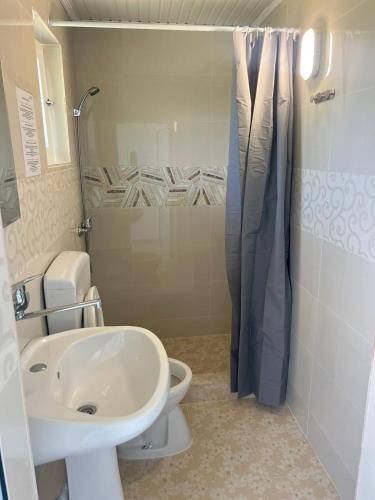 a bathroom with a sink and a toilet and a shower at Vilele Delfin in Costinesti