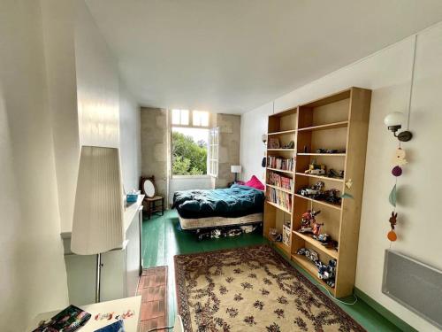 a bedroom with a bed and a book shelf at Le Presbytère de la Couture in La Couture