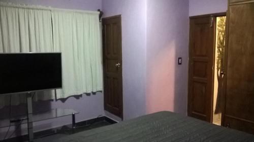 Posada Paraiso في تيبوزتلان: غرفة نوم بسرير وتلفزيون بشاشة مسطحة