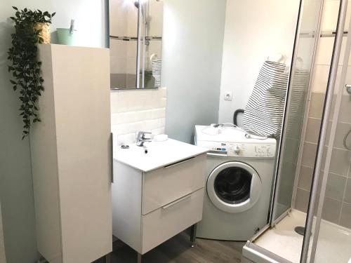 une salle de bains avec lave-linge et lavabo dans l'établissement Triplex à 100m de la plage, à Dieppe