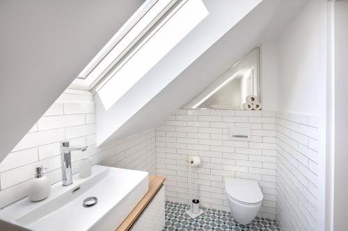 a bathroom with a white sink and a skylight at Apartmány Pernek in Horní Planá