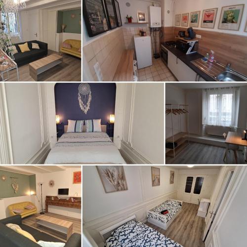 un collage de quatre photos d'une pièce dans l'établissement Charmant et spacieux appartement au centre ville - La Bohème, à Mulhouse