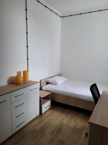 a bedroom with a bed and a desk and a chair at Axo-Hostel 9 in Stalowa Wola