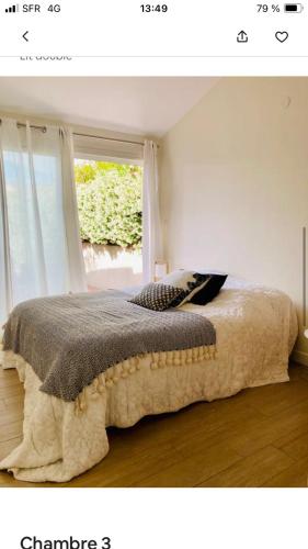 une chambre avec un grand lit avec une fenêtre dans l'établissement Villa à 10mn de St Rémy de Provence, à Maillane