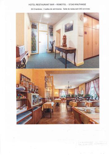 two pictures of a living room and a dining room at Logis Hotel Restaurant Remotel in Knutange