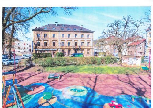 a painting of a building in a city at Logis Hotel Restaurant Remotel in Knutange