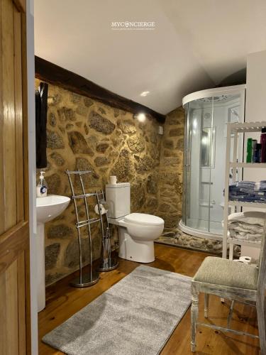 a stone bathroom with a toilet and a sink at Vista Verde Lodge in Vale de Cambra