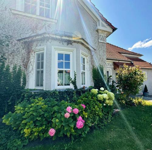 a house with a bunch of flowers in front of it at Prvorepublikový dům se zahradou in Podivín