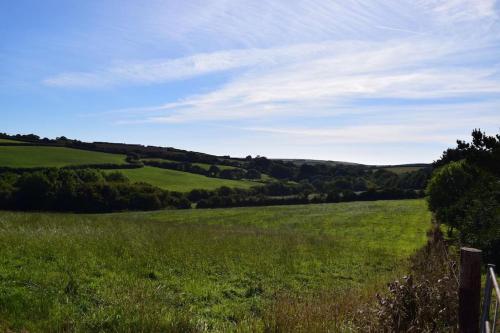 a field of green grass with a wooden fence at The Garden Room - Cabin on The Lizard in Cury
