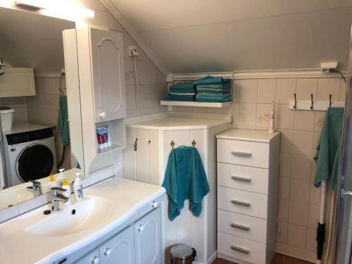 a bathroom with a sink and a washing machine at Top floor apartment with amazing view and location in Tromsø