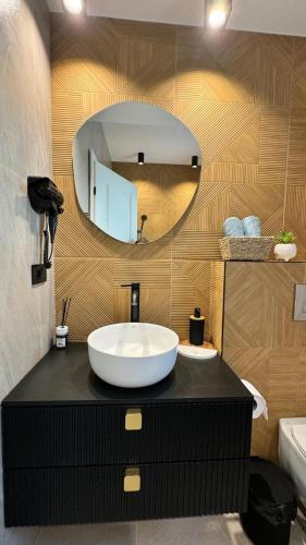 a bathroom with a large white sink and a mirror at Casa de vacanta Cris 2 in Băile Olăneşti