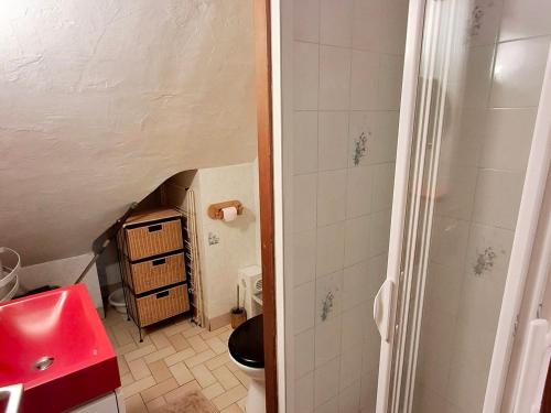 La salle de bains est pourvue d'un lavabo rouge et de toilettes. dans l'établissement Studio cabine 4 pers. 2* au centre de Valloire, proche télécabine et commerces - FR-1-263-62, à Valloire
