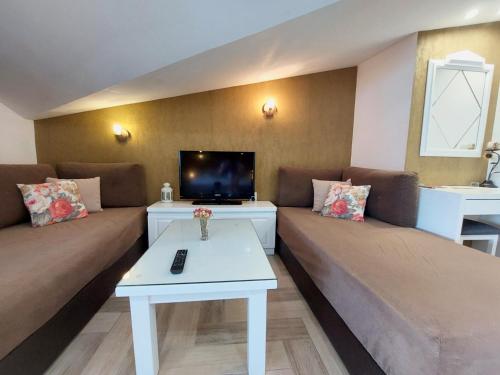 a living room with a couch and a tv at Jovanovic Guest House in Ohrid