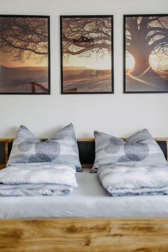 a bed with pillows on it with pictures on the wall at Jordys Ferienapartment in Rechnitz