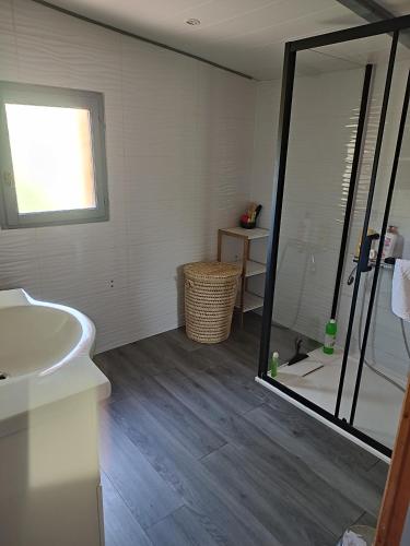 une salle de bain avec un lavabo et un miroir dans l'établissement Chalet en bois dans la forêt, à Riez