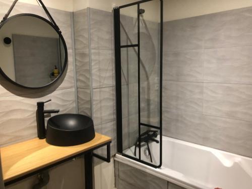 a bathroom with a shower and a mirror and a sink at Séjour au coeur des Pyrénées in Bagnères-de-Bigorre