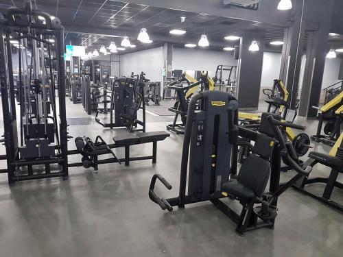 une salle de sport avec plusieurs rangées de tapis roulants et de machines dans l'établissement Beautiful Appartement Gates Of Paris 5 min, à Bagnolet