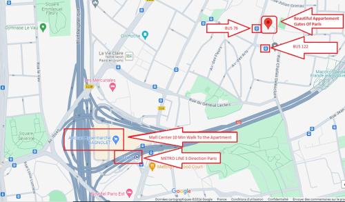 une carte avec des flèches rouges pointant vers différents endroits dans l'établissement Beautiful Appartement Gates Of Paris 5 min, à Bagnolet